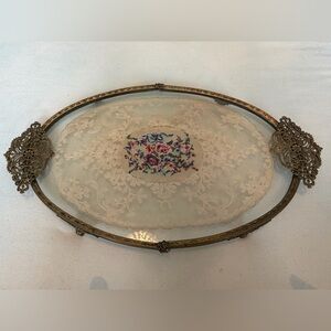 Vintage or Antique Victorian Tray Brass Oval Lace-Trim Tray Floral Embroidery